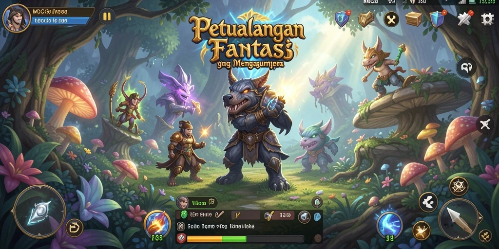 Screenshot menunjukkan karakter utama bertarung melawan monster di dunia RPG yang luas.