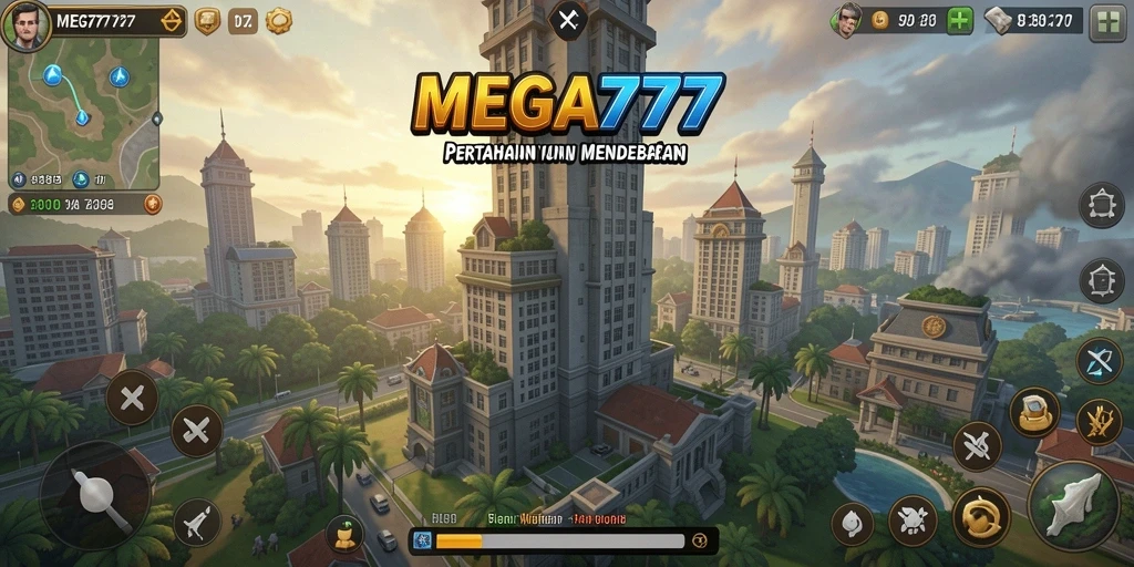 Tangkapan layar dari gameplay <strong>MEGA777</strong> yang menampilkan pertahanan menara yang epik.