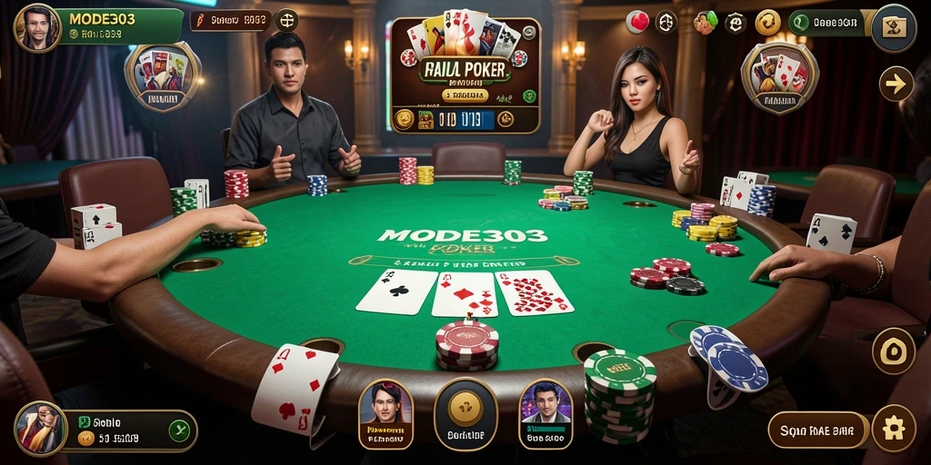 Tampilan dinamis gameplay poker di MODE303 yang menegangkan.