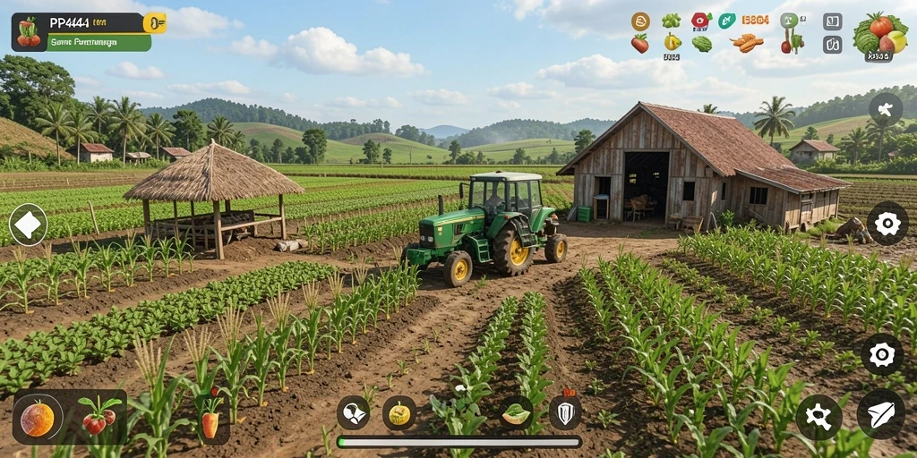 Tampilan gameplay seru di PP444 dengan berbagai aktivitas bertani.
